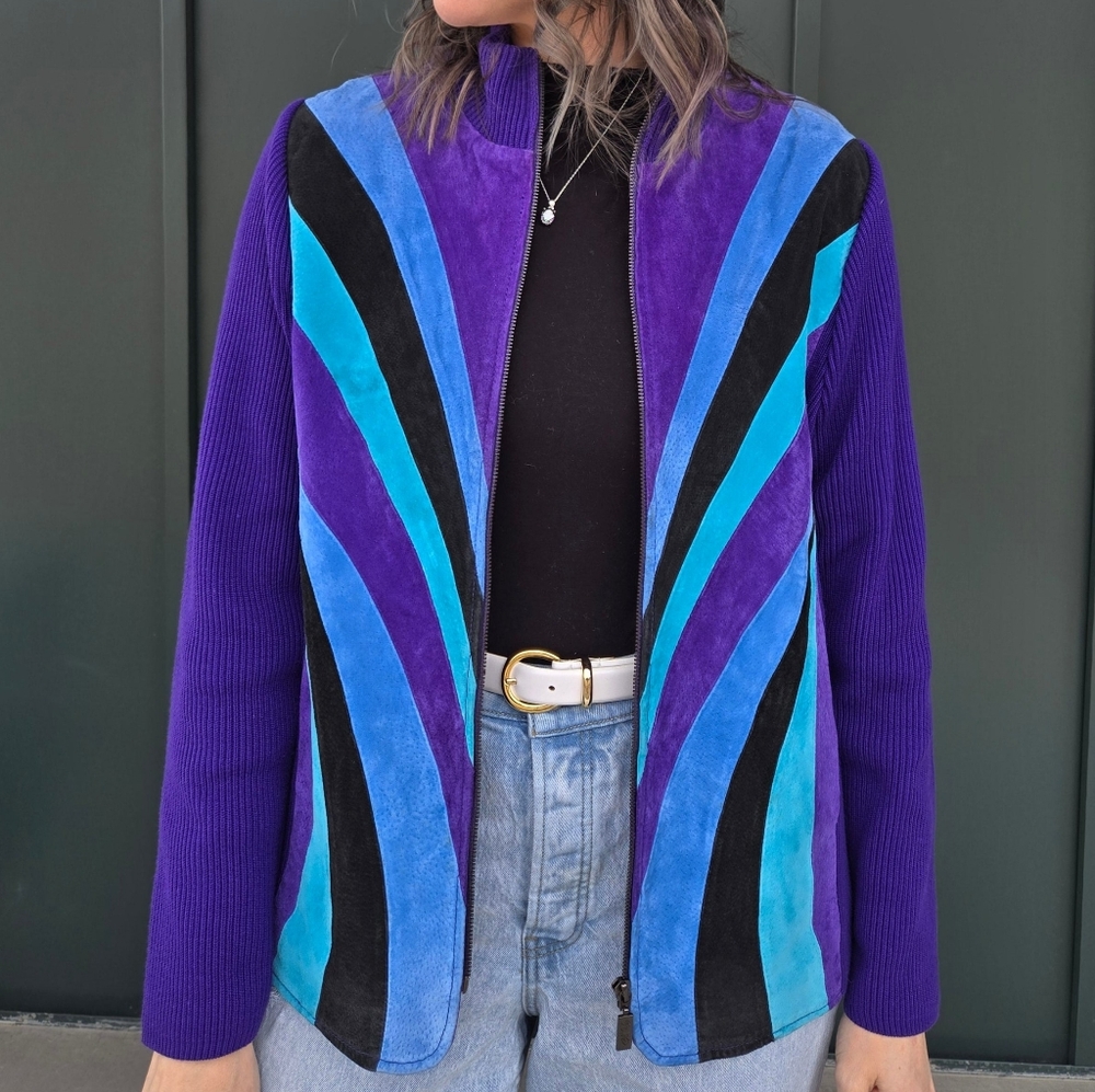 Bob Mackie Wearable Art Purple Teal Blue Suede Leather Bomber Jacket Large